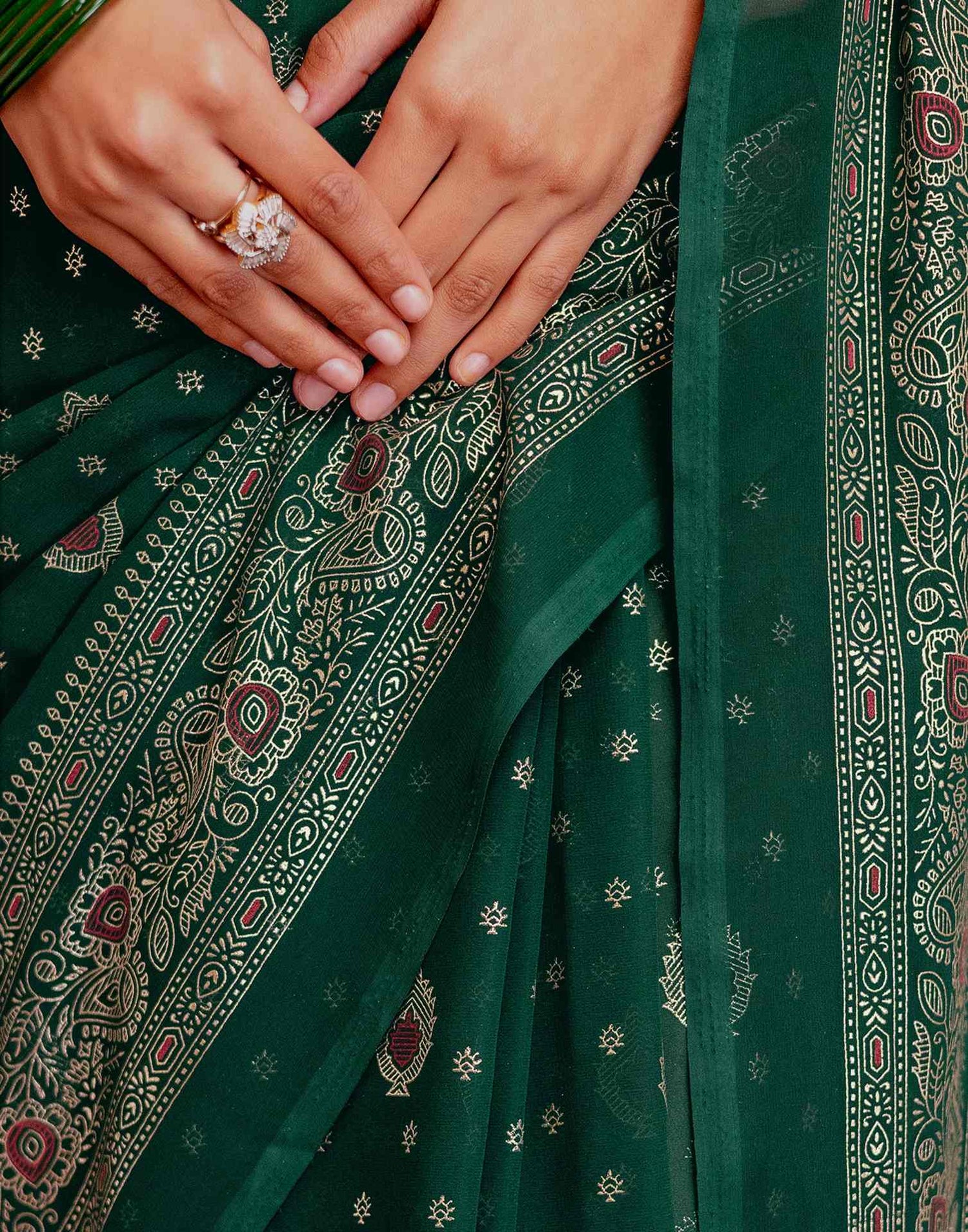 Dark Green Georgette Foil Printed Saree
