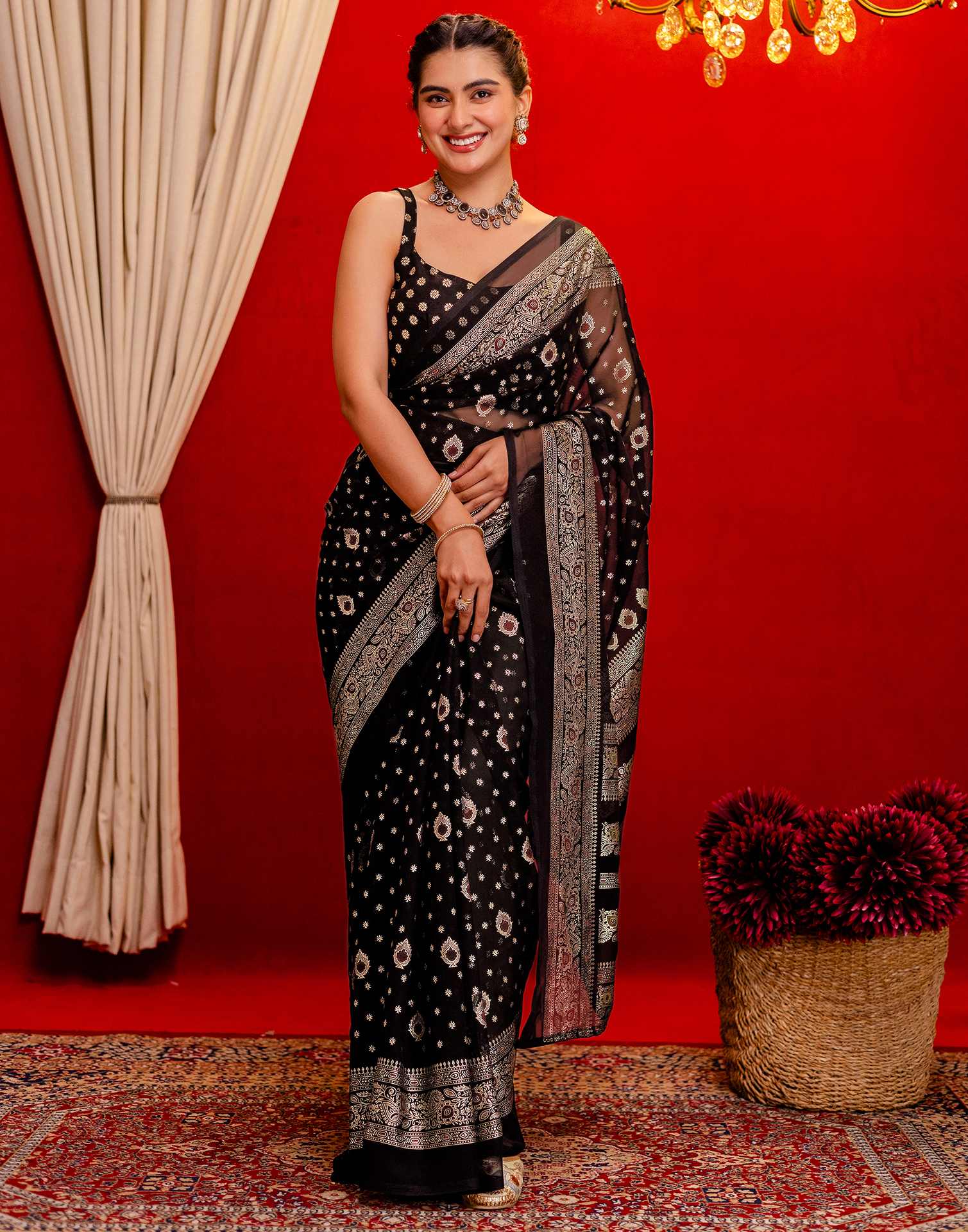 Black Georgette Foil Printed Saree