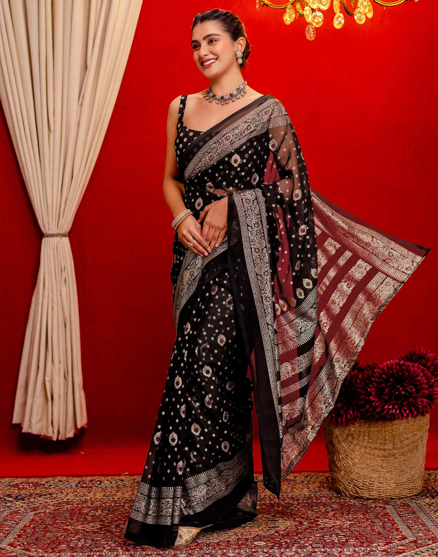 Black Georgette Foil Printed Saree