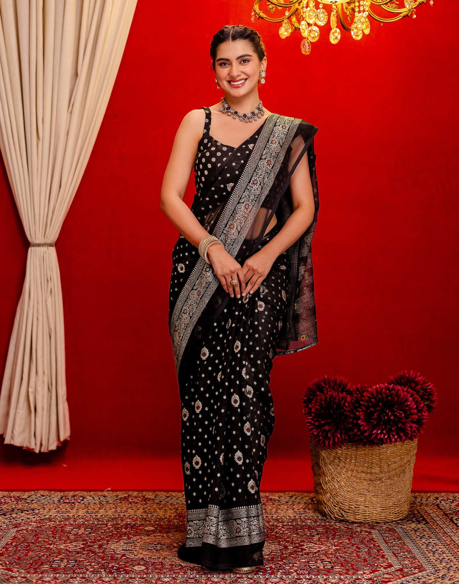 Black Georgette Foil Printed Saree