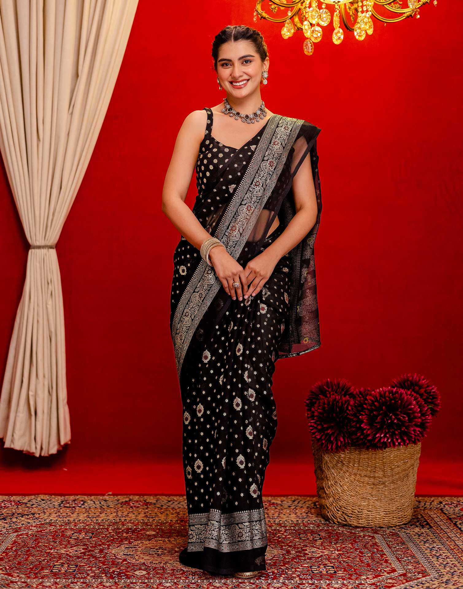 Black Georgette Foil Printed Saree