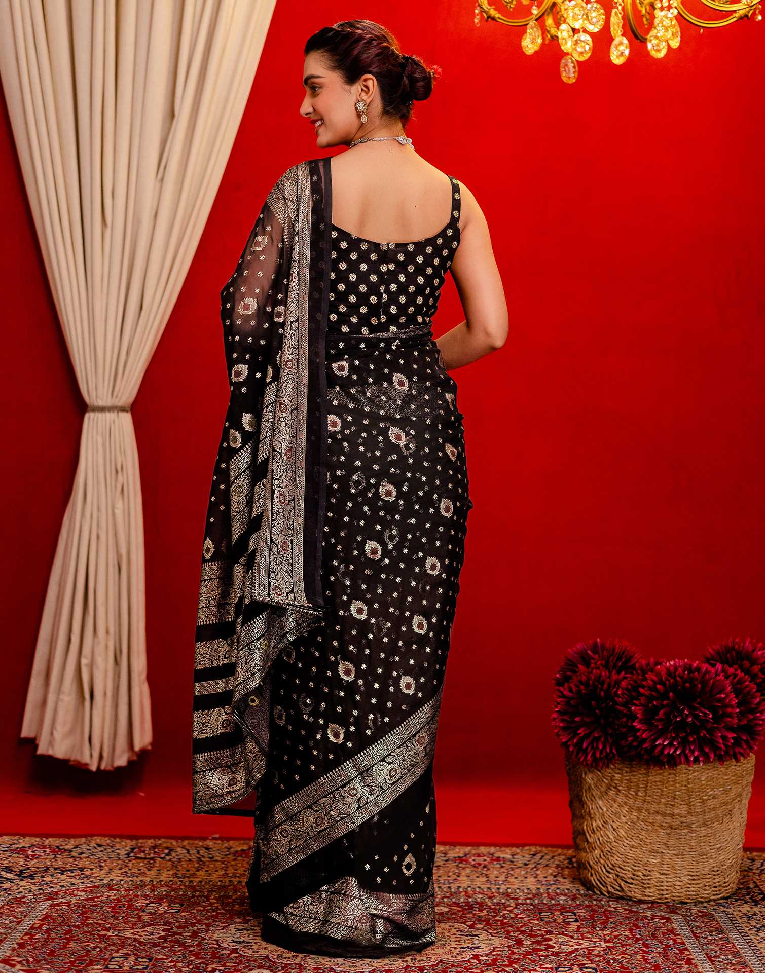 Black Georgette Foil Printed Saree