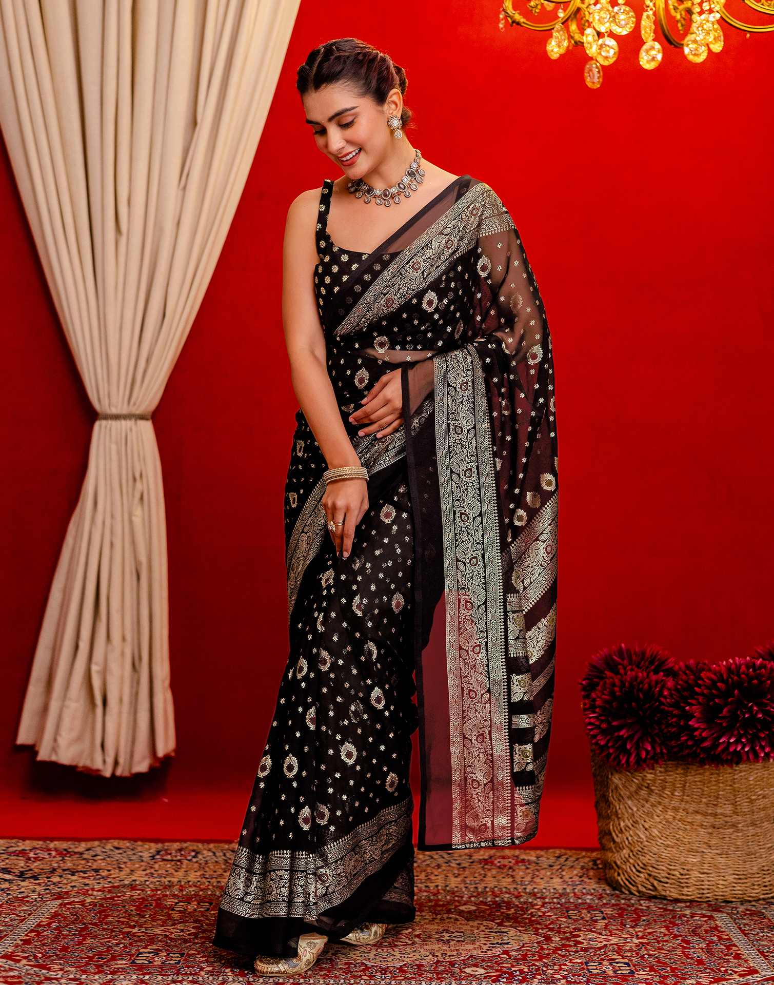 Black Georgette Foil Printed Saree