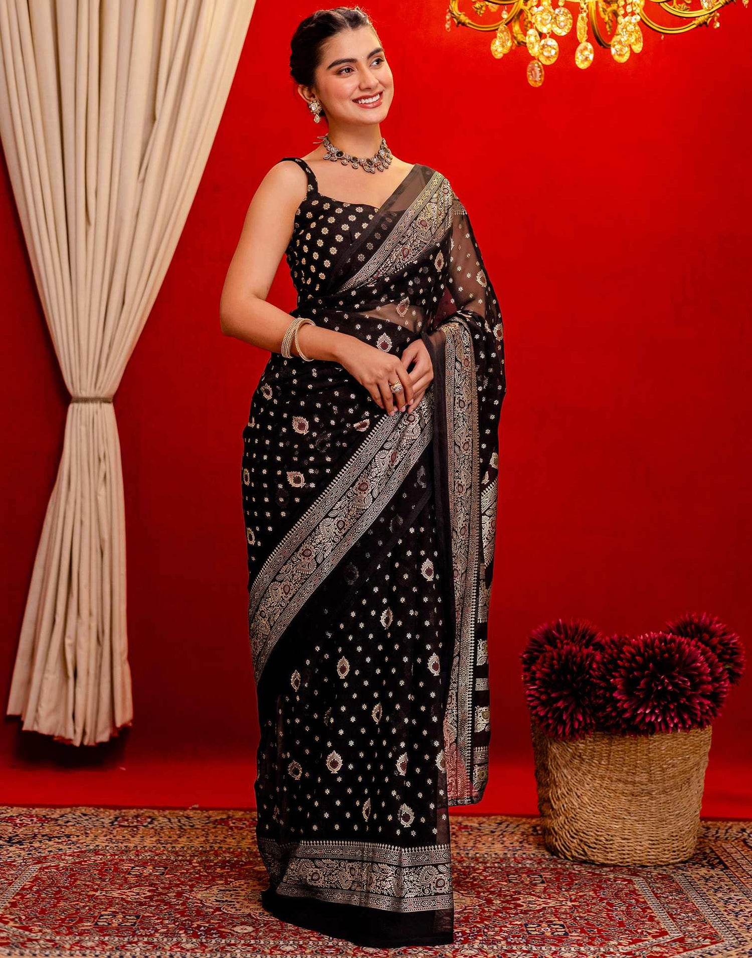 Black Georgette Foil Printed Saree