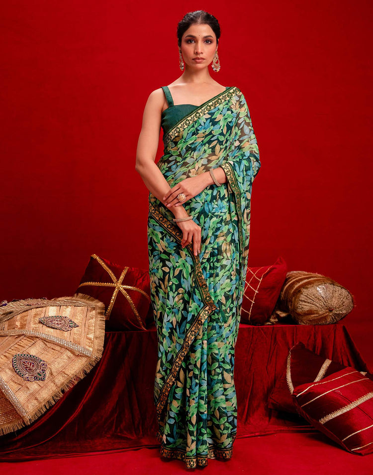 Dark Green Chiffon Printed Saree