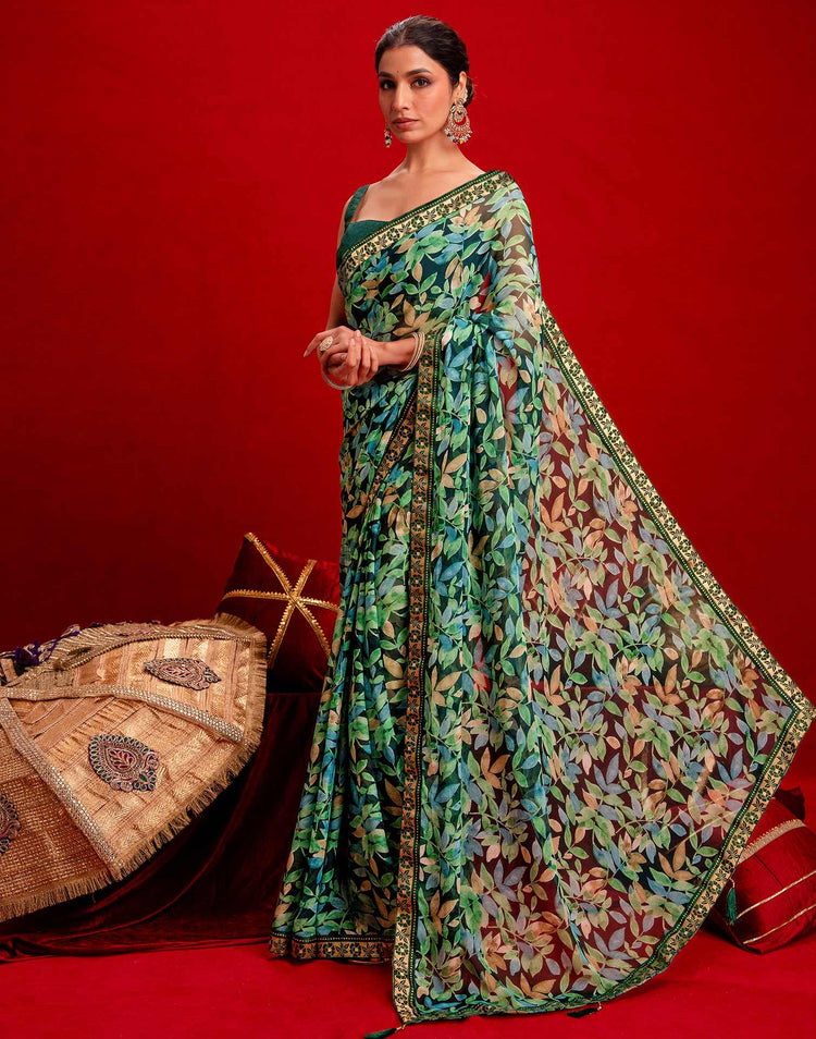 Dark Green Chiffon Printed Saree