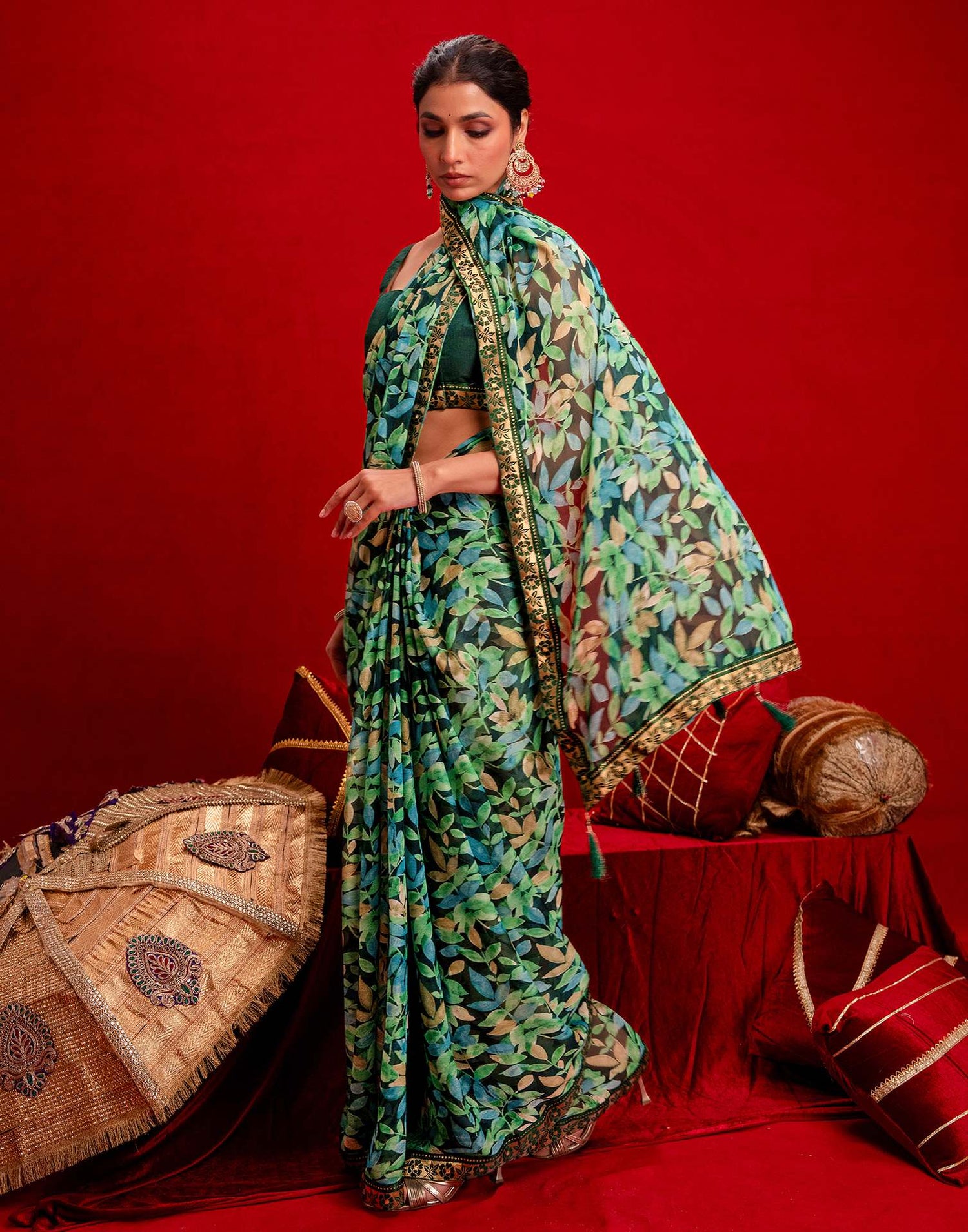 Dark Green Chiffon Printed Saree