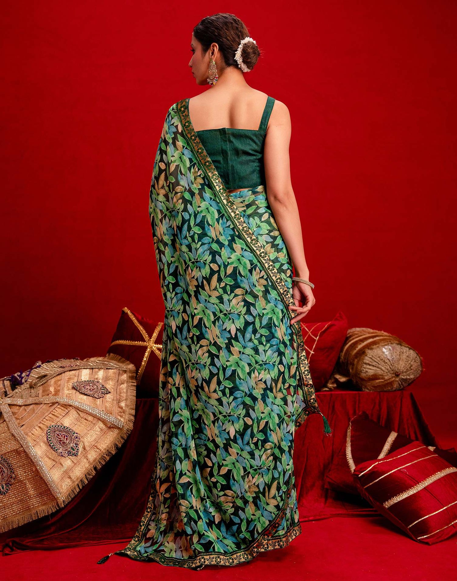 Dark Green Chiffon Printed Saree