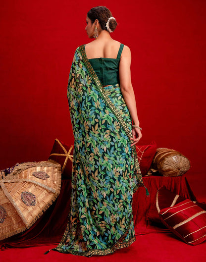 Dark Green Chiffon Printed Saree