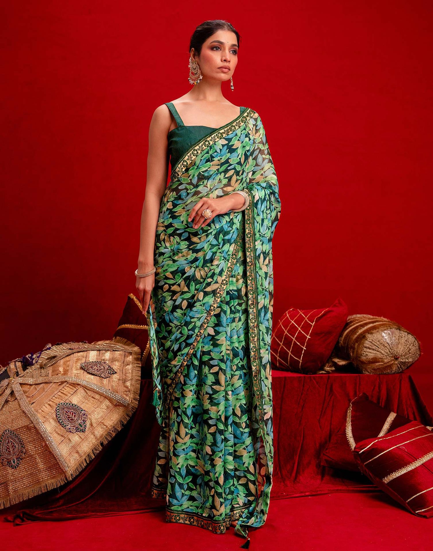 Dark Green Chiffon Printed Saree