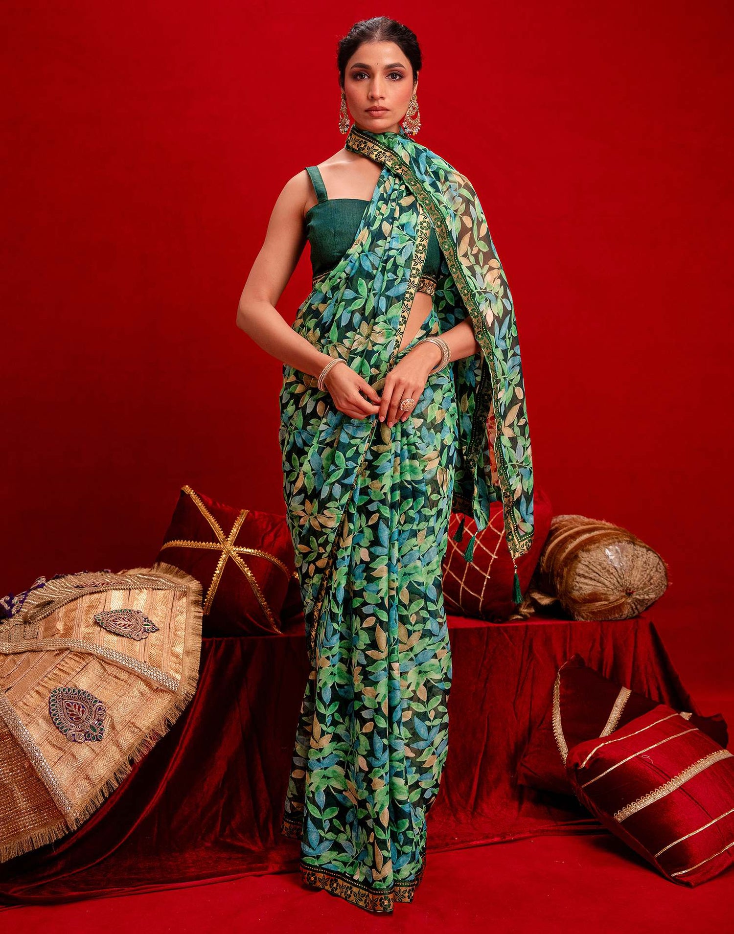 Dark Green Chiffon Printed Saree