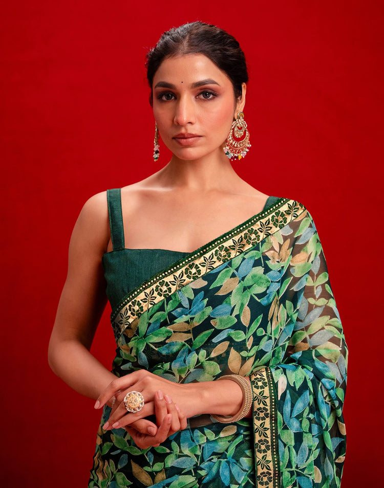 Dark Green Chiffon Printed Saree