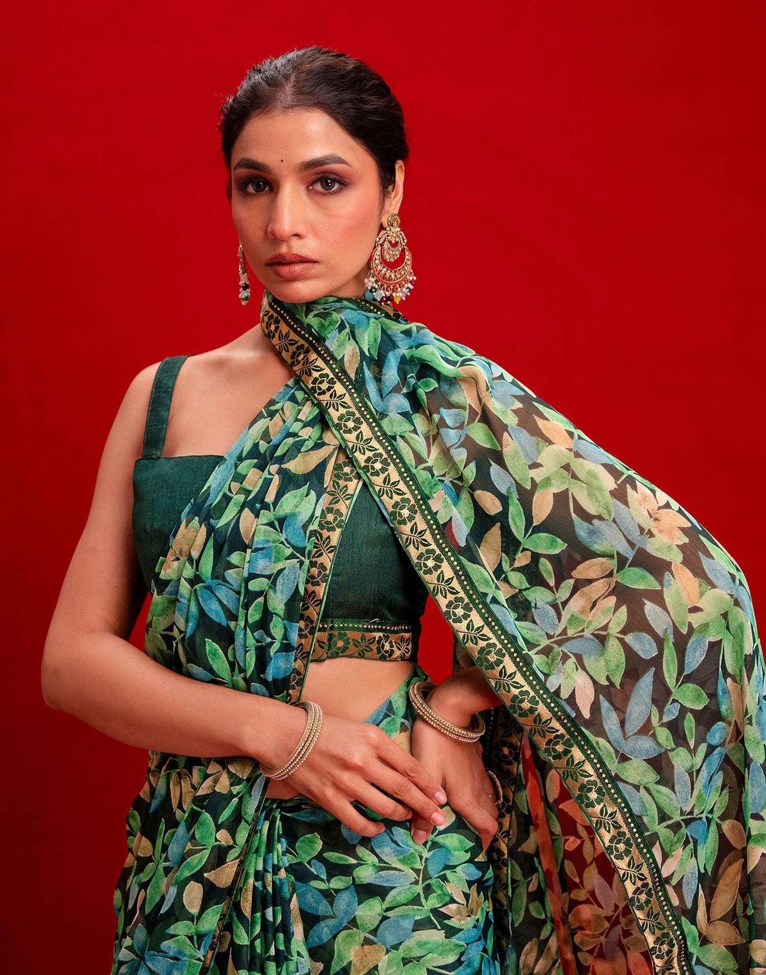 Dark Green Chiffon Printed Saree