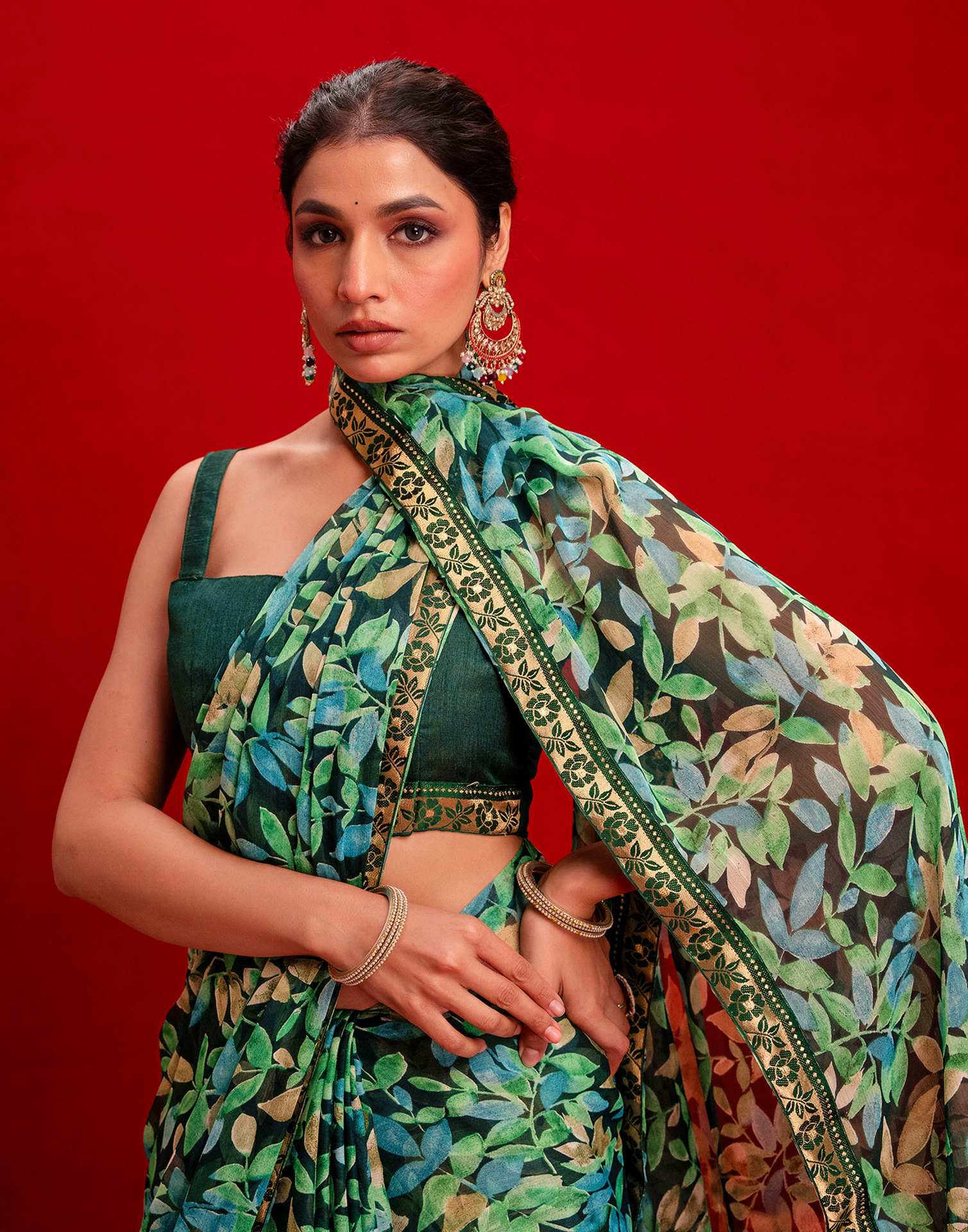 Dark Green Chiffon Printed Saree