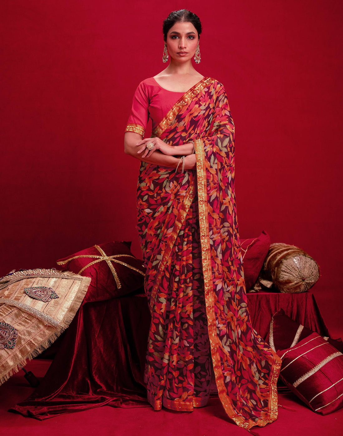 Wine Chiffon Printed Saree