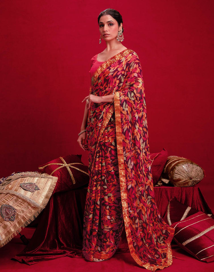 Wine Chiffon Printed Saree