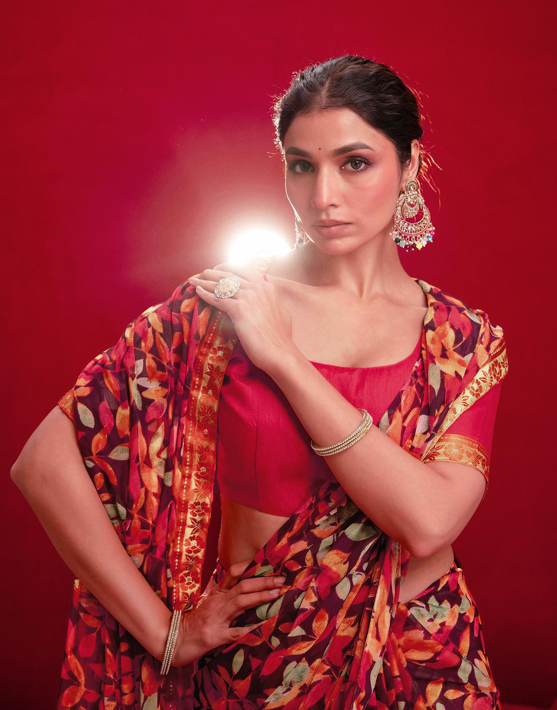 Wine Chiffon Printed Saree