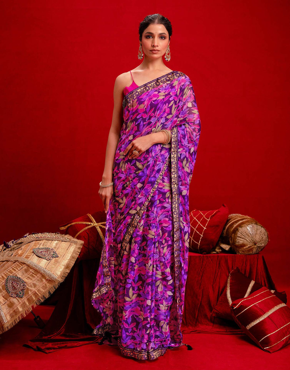Dark Purple Chiffon Printed Saree
