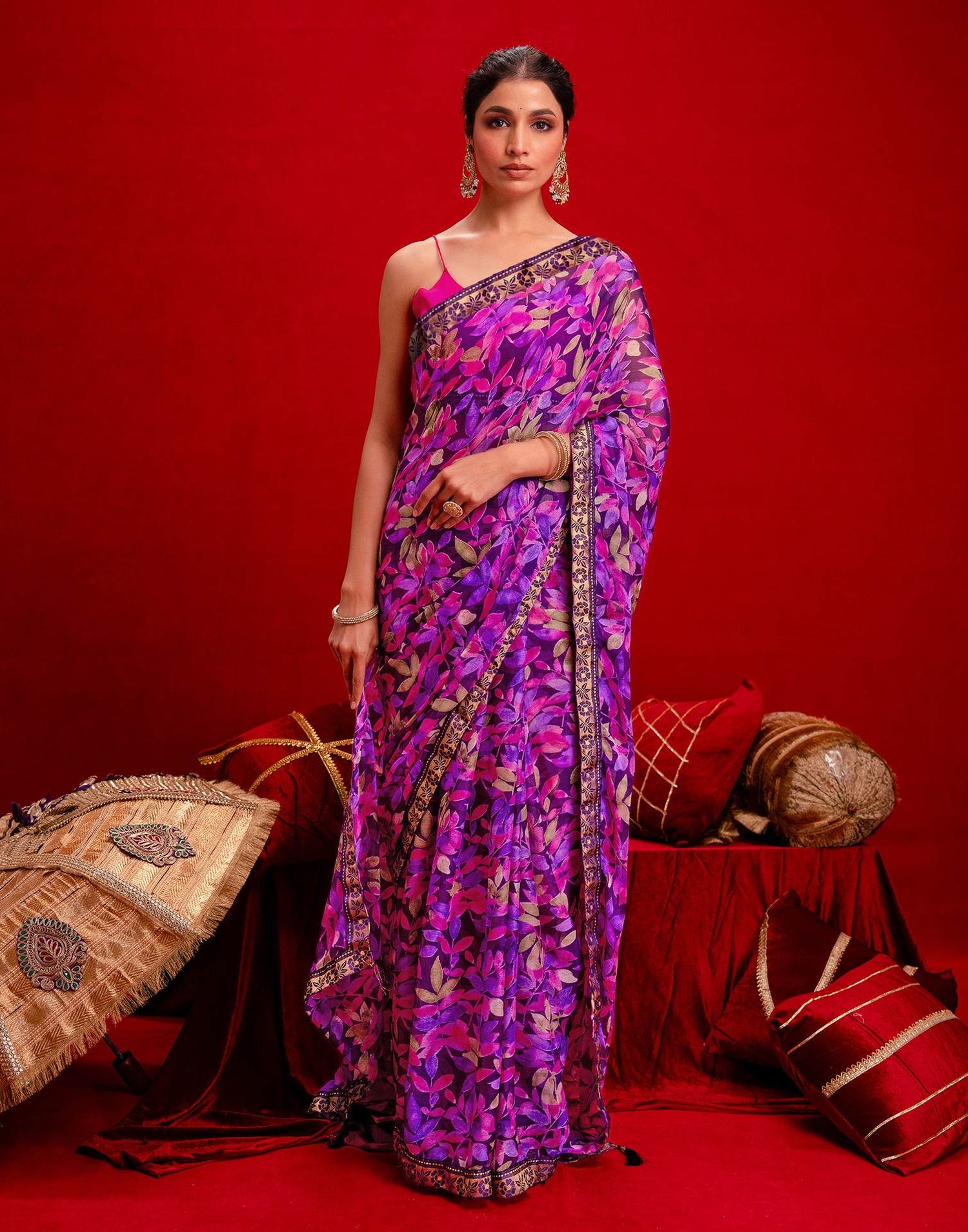 Dark Purple Chiffon Printed Saree