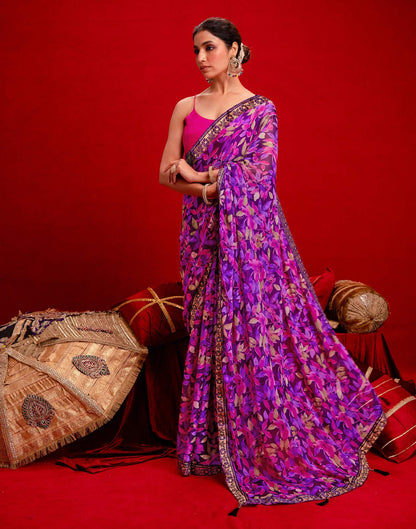 Dark Purple Chiffon Printed Saree
