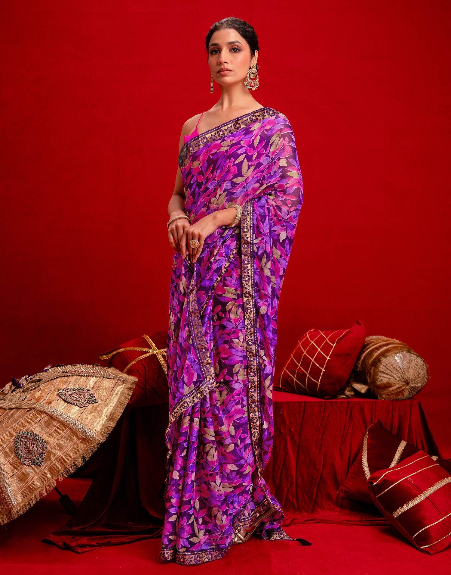 Dark Purple Chiffon Printed Saree