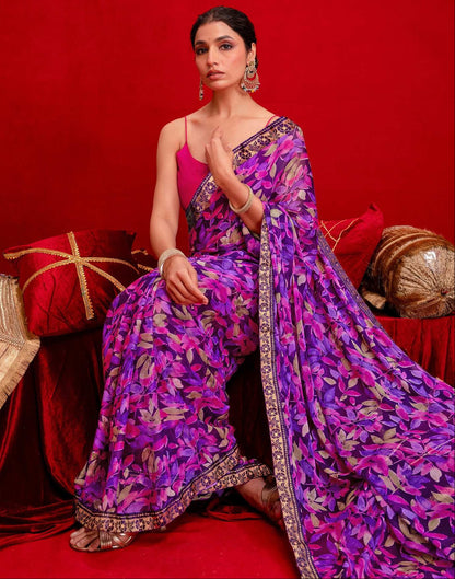 Dark Purple Chiffon Printed Saree