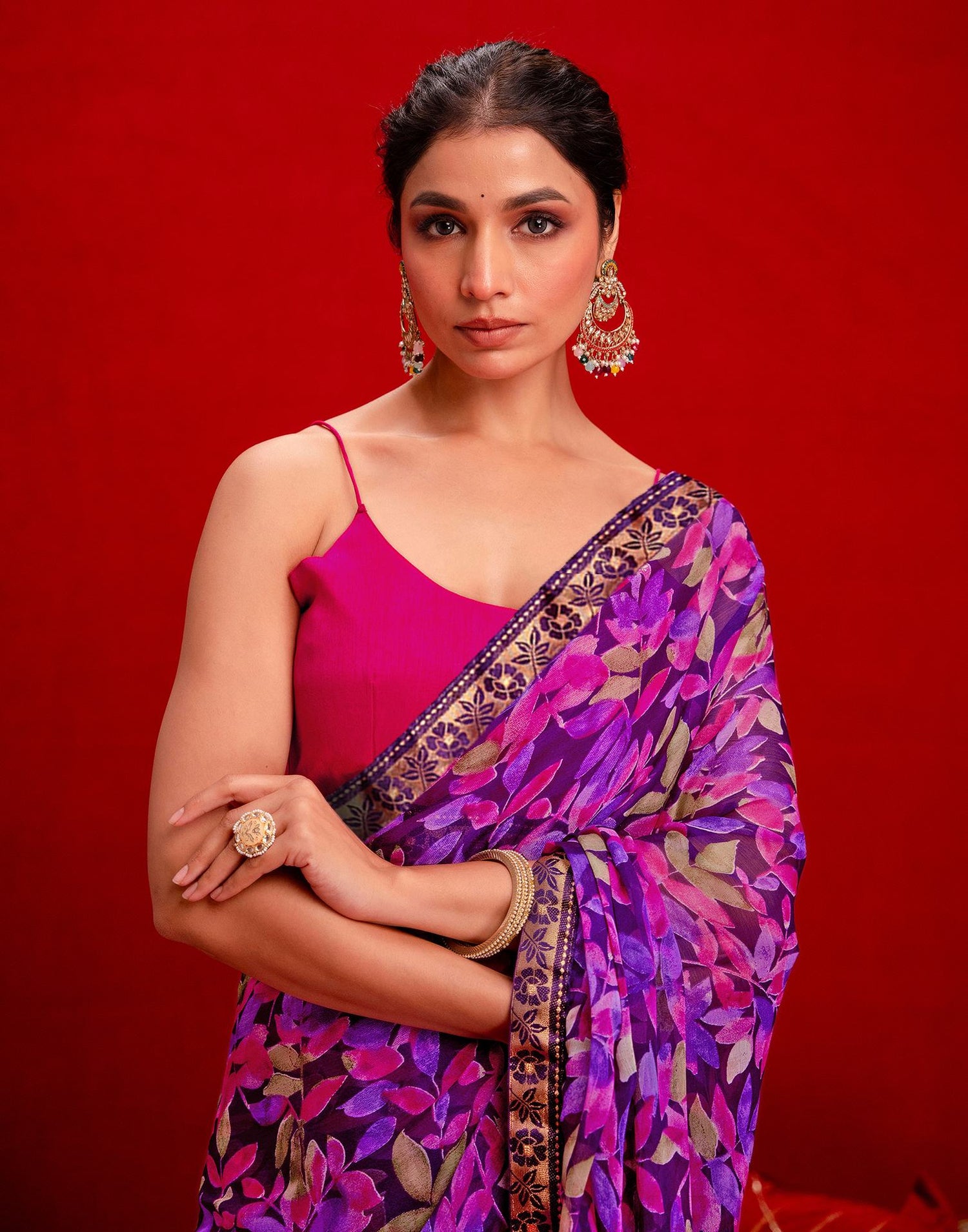 Dark Purple Chiffon Printed Saree