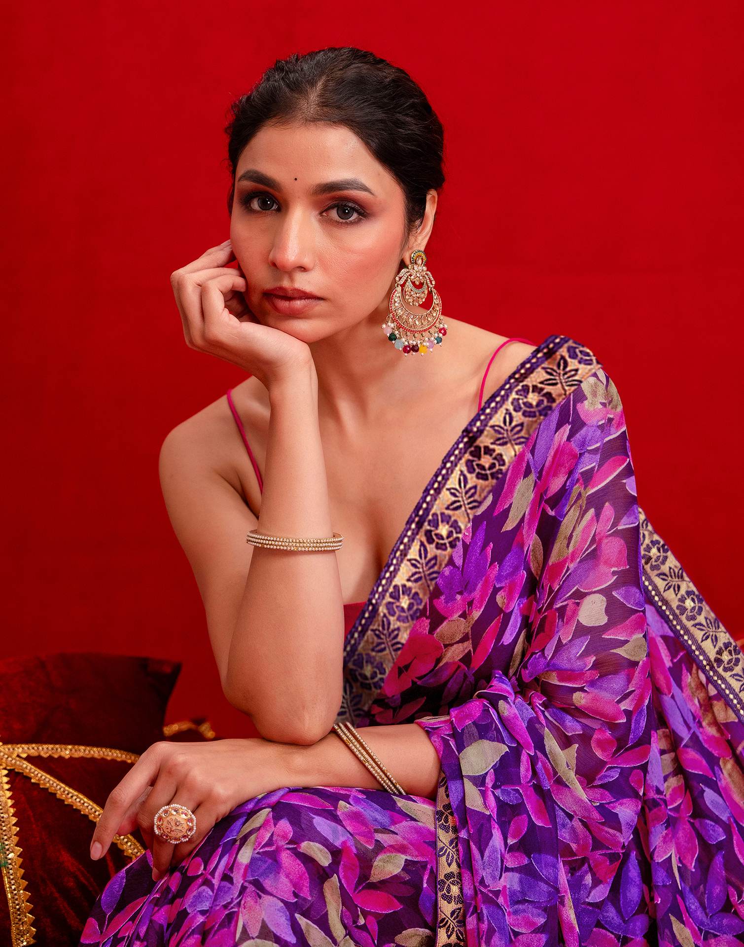 Dark Purple Chiffon Printed Saree