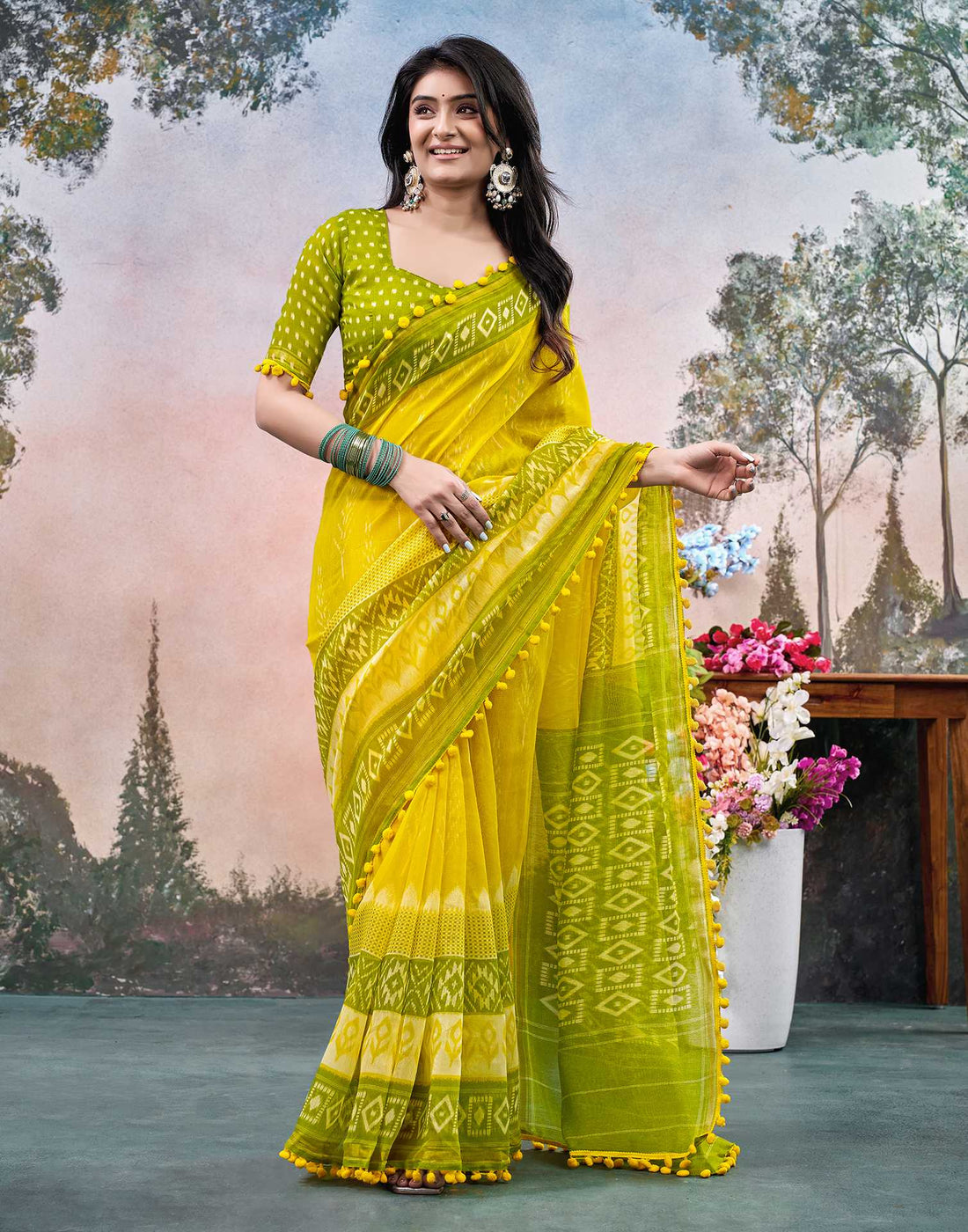 Yellow Chanderi Ikkat Printed Saree