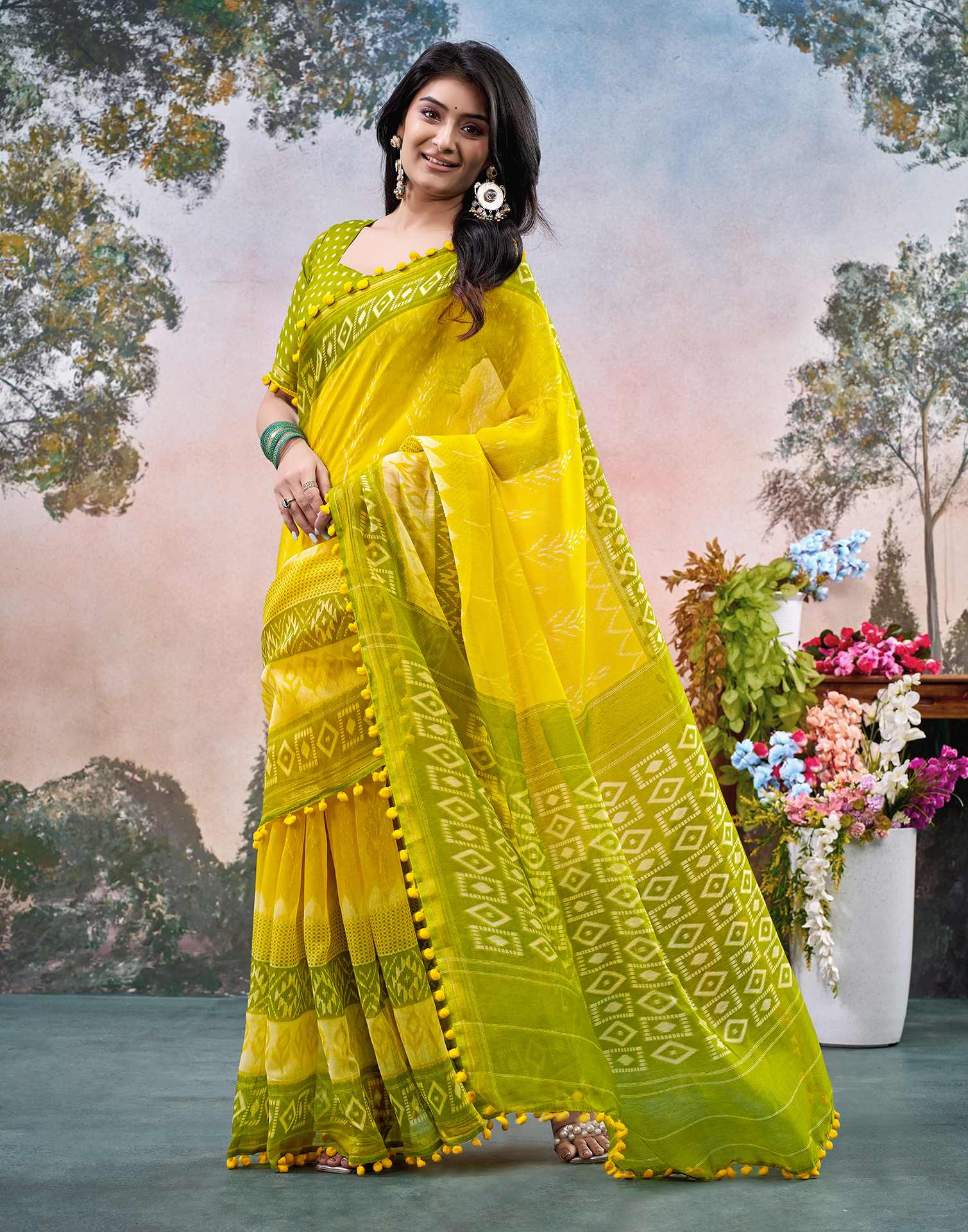 Yellow Chanderi Ikkat Printed Saree