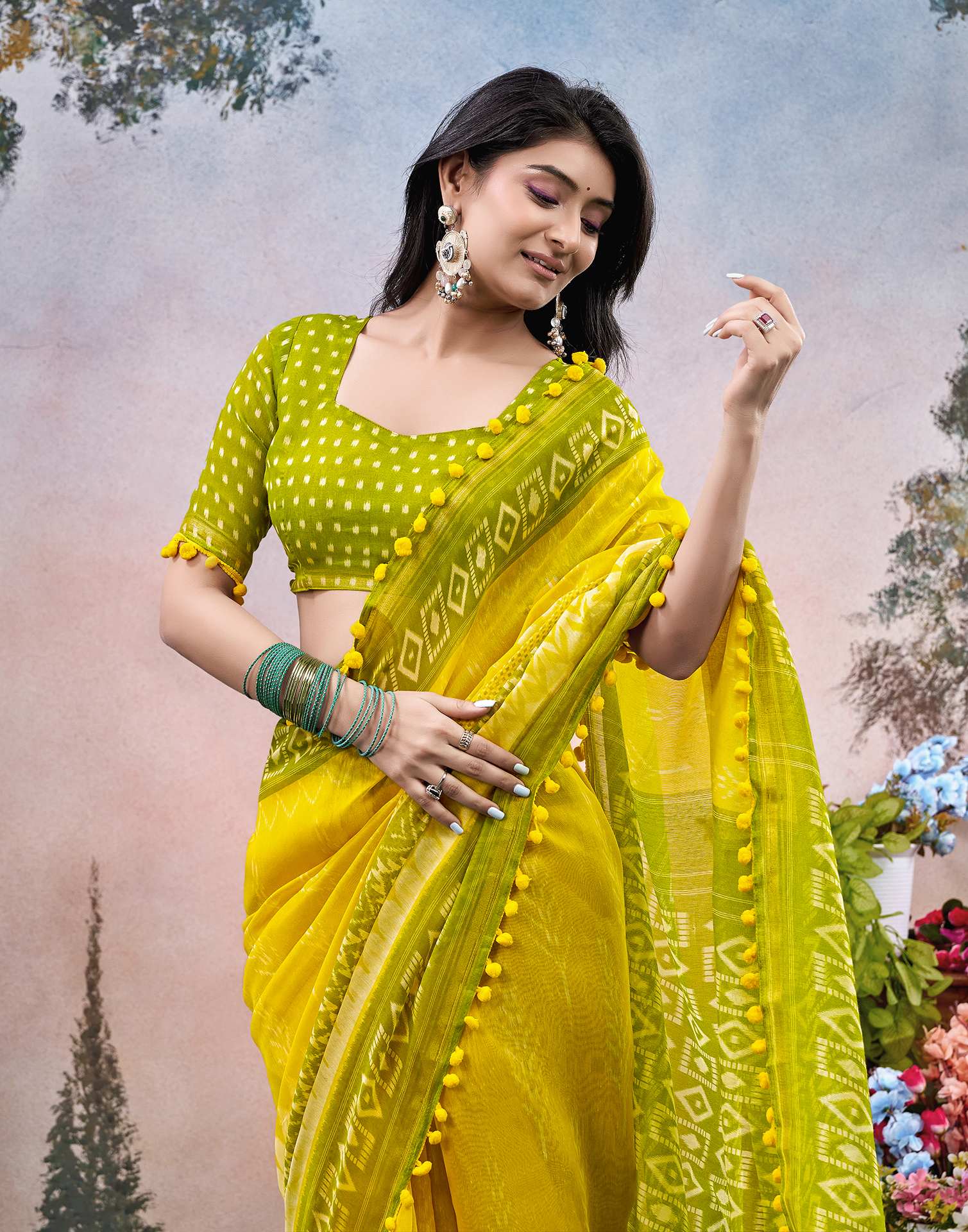 Yellow Chanderi Ikkat Printed Saree
