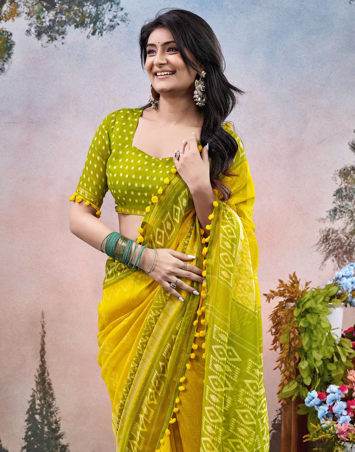 Yellow Chanderi Ikkat Printed Saree