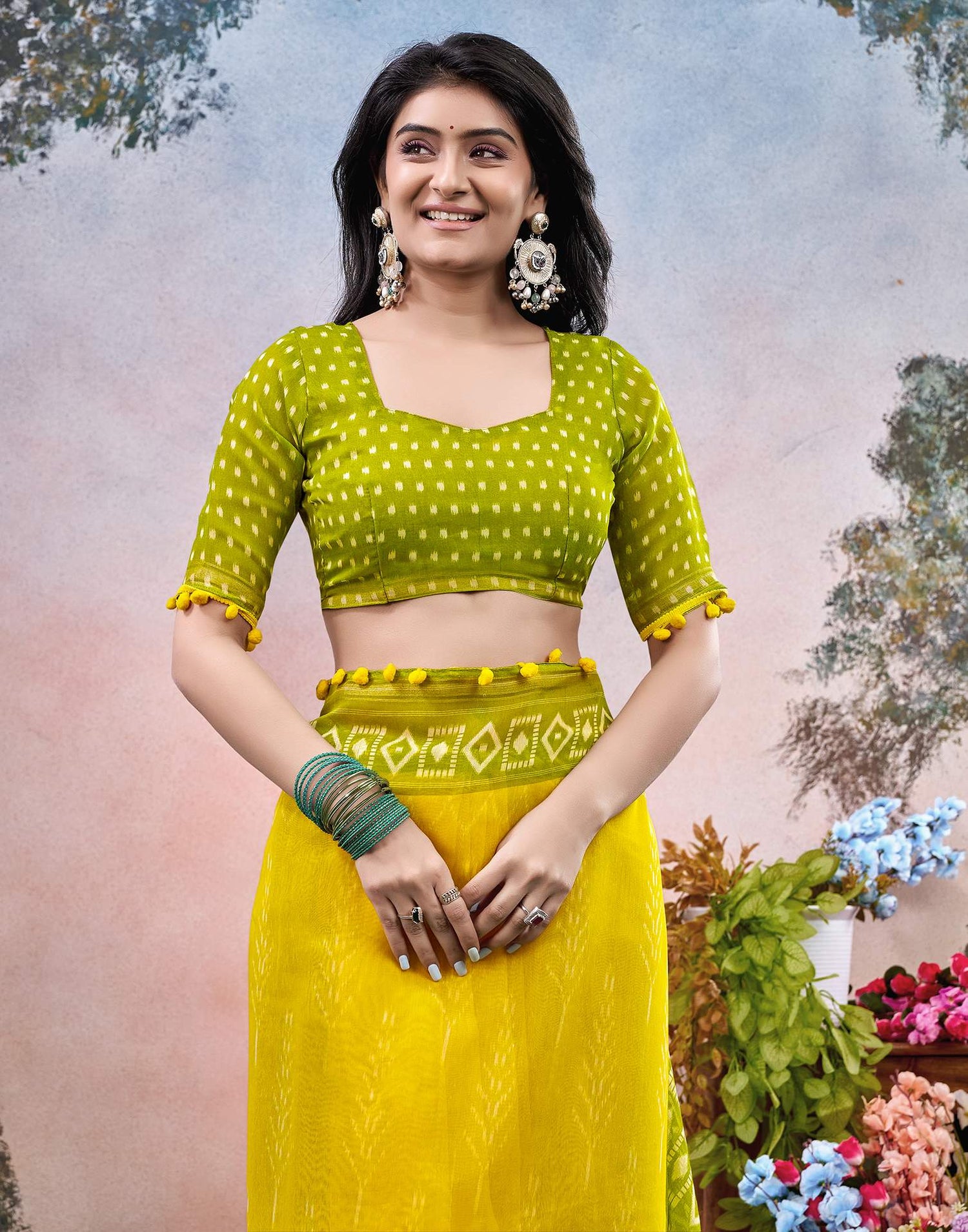 Yellow Chanderi Ikkat Printed Saree