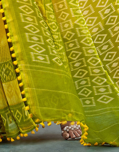 Yellow Chanderi Ikkat Printed Saree
