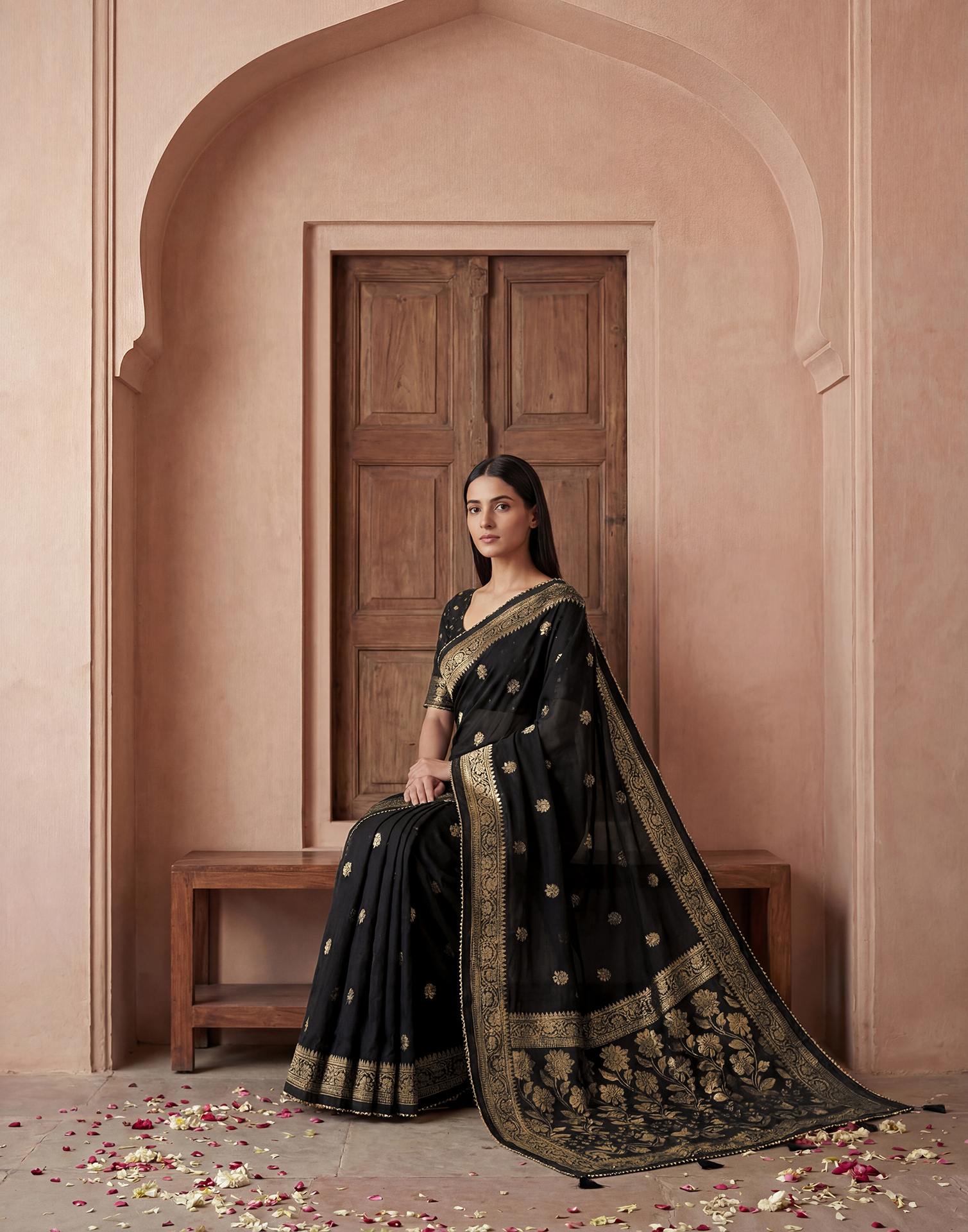 Black Georgette Foil Printed Saree
