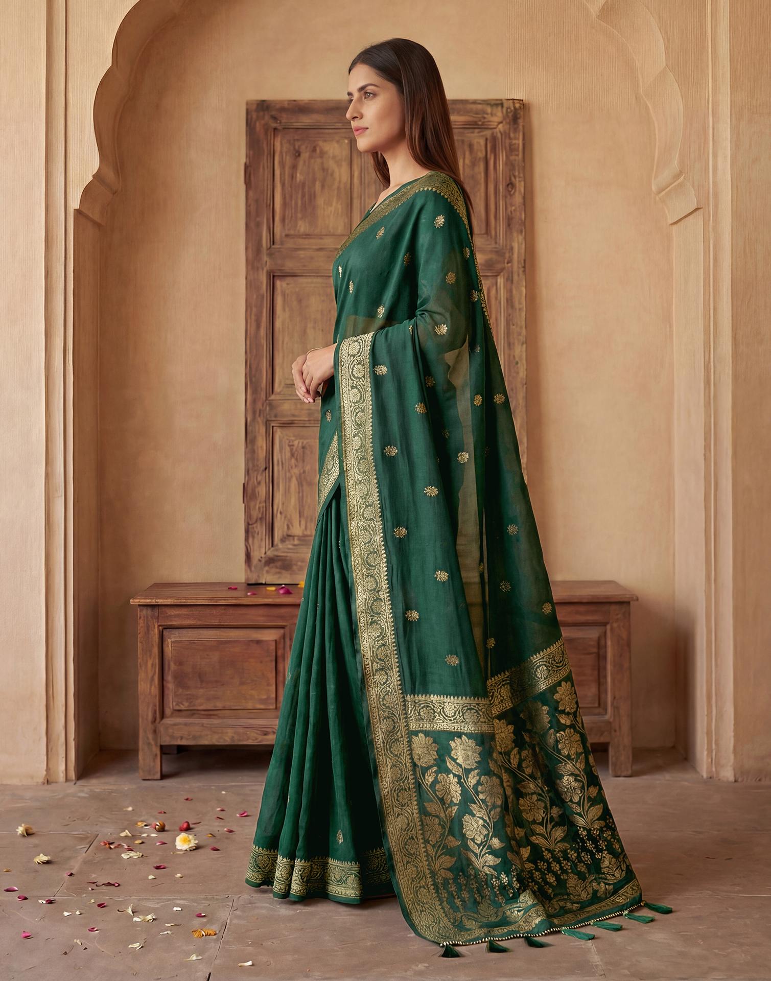 Dark Green Georgette Foil Printed Saree