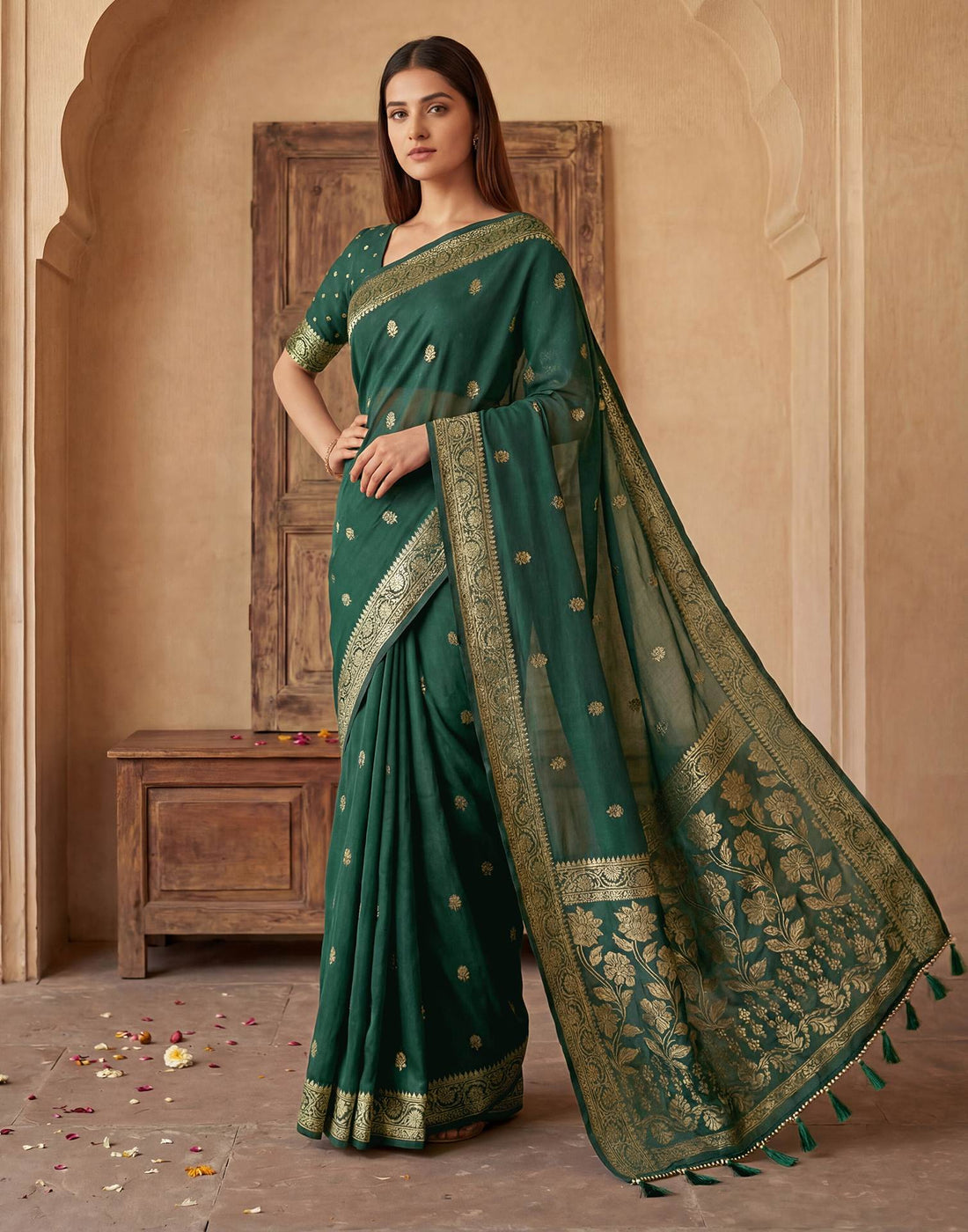 Dark Green Georgette Foil Printed Saree