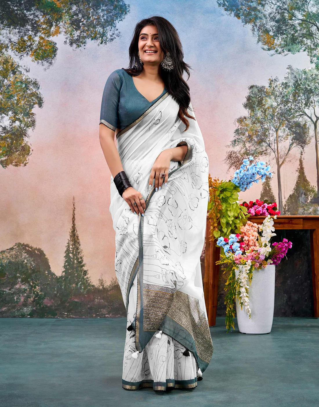 Off White Chanderi Printed Saree