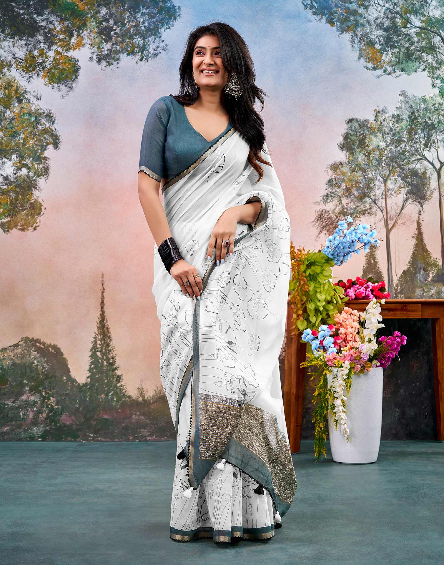 Off White Chanderi Printed Saree