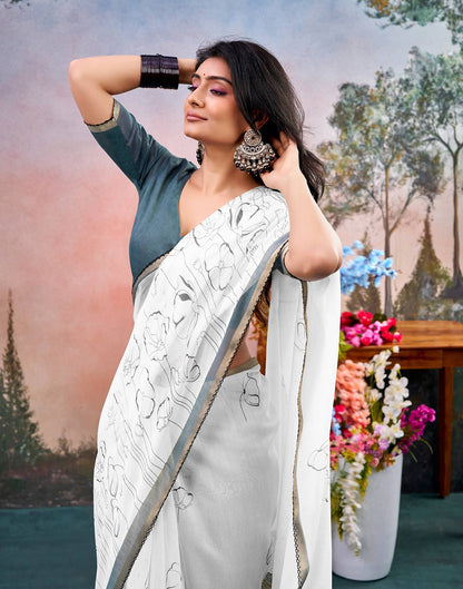 Off White Chanderi Printed Saree