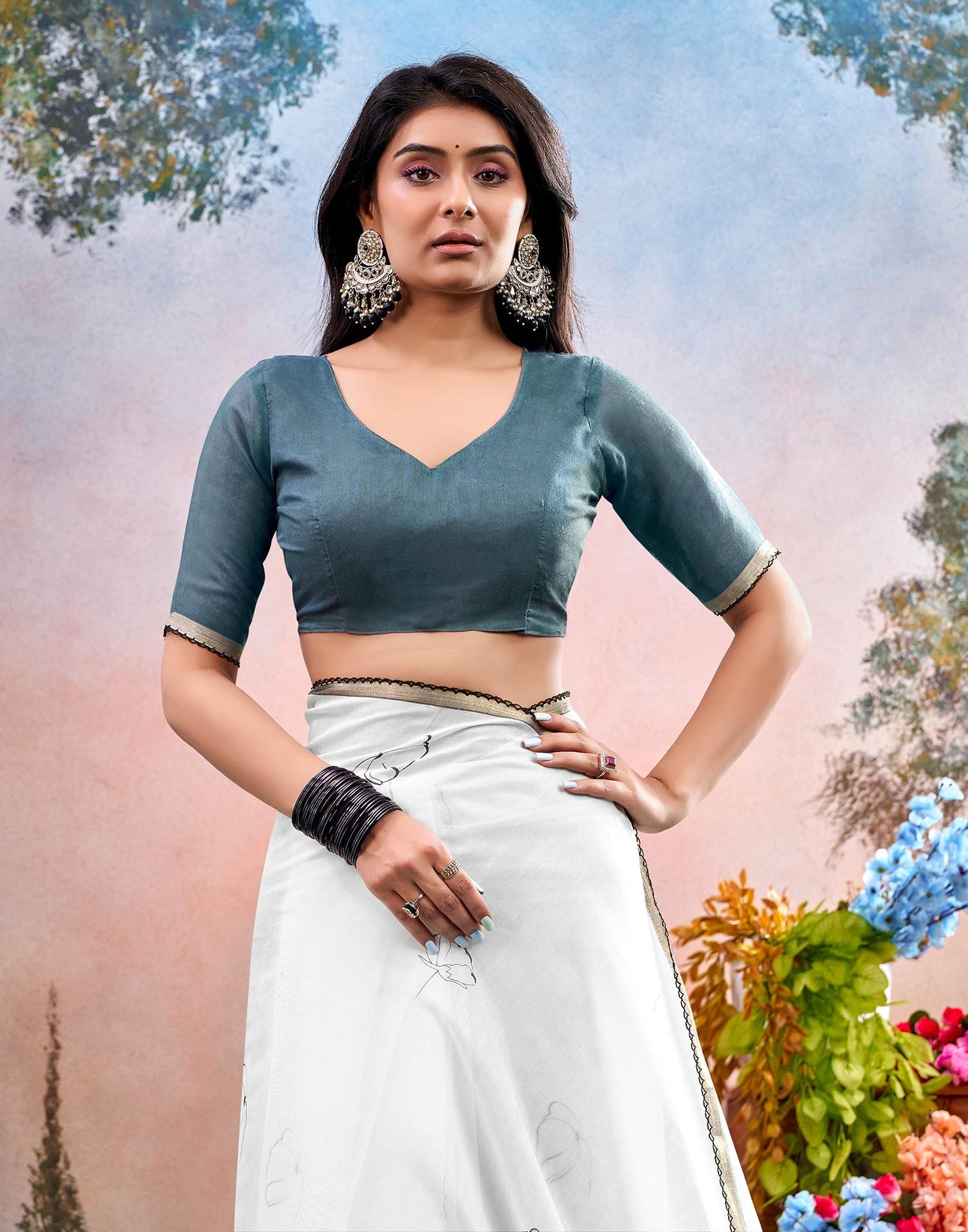 Off White Chanderi Printed Saree