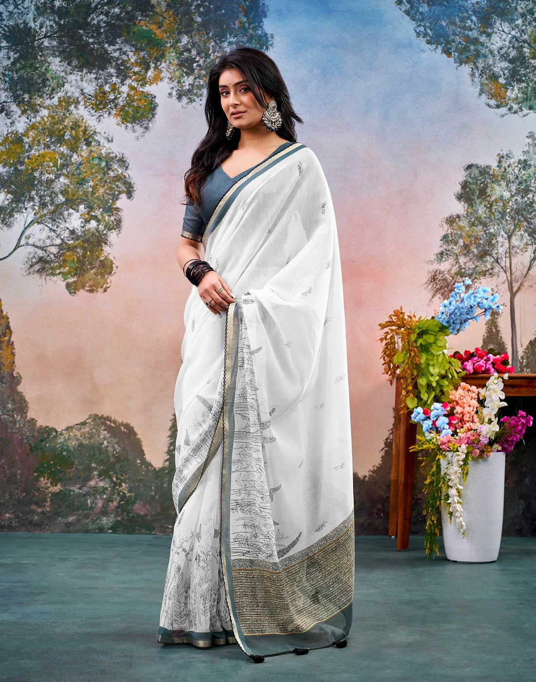Off White Chanderi Printed Saree