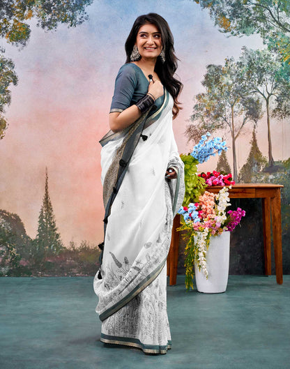 Off White Chanderi Printed Saree