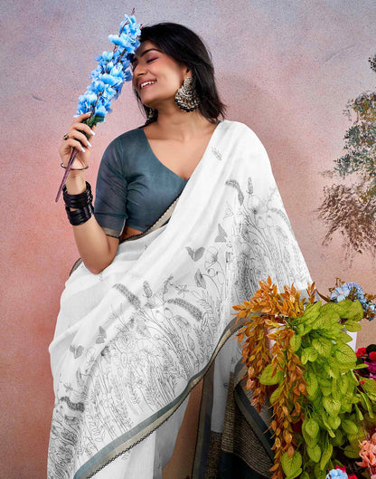Off White Chanderi Printed Saree