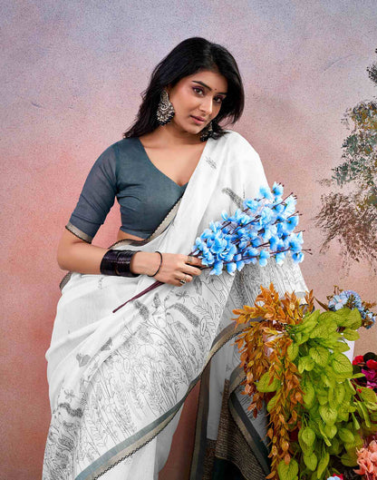 Off White Chanderi Printed Saree