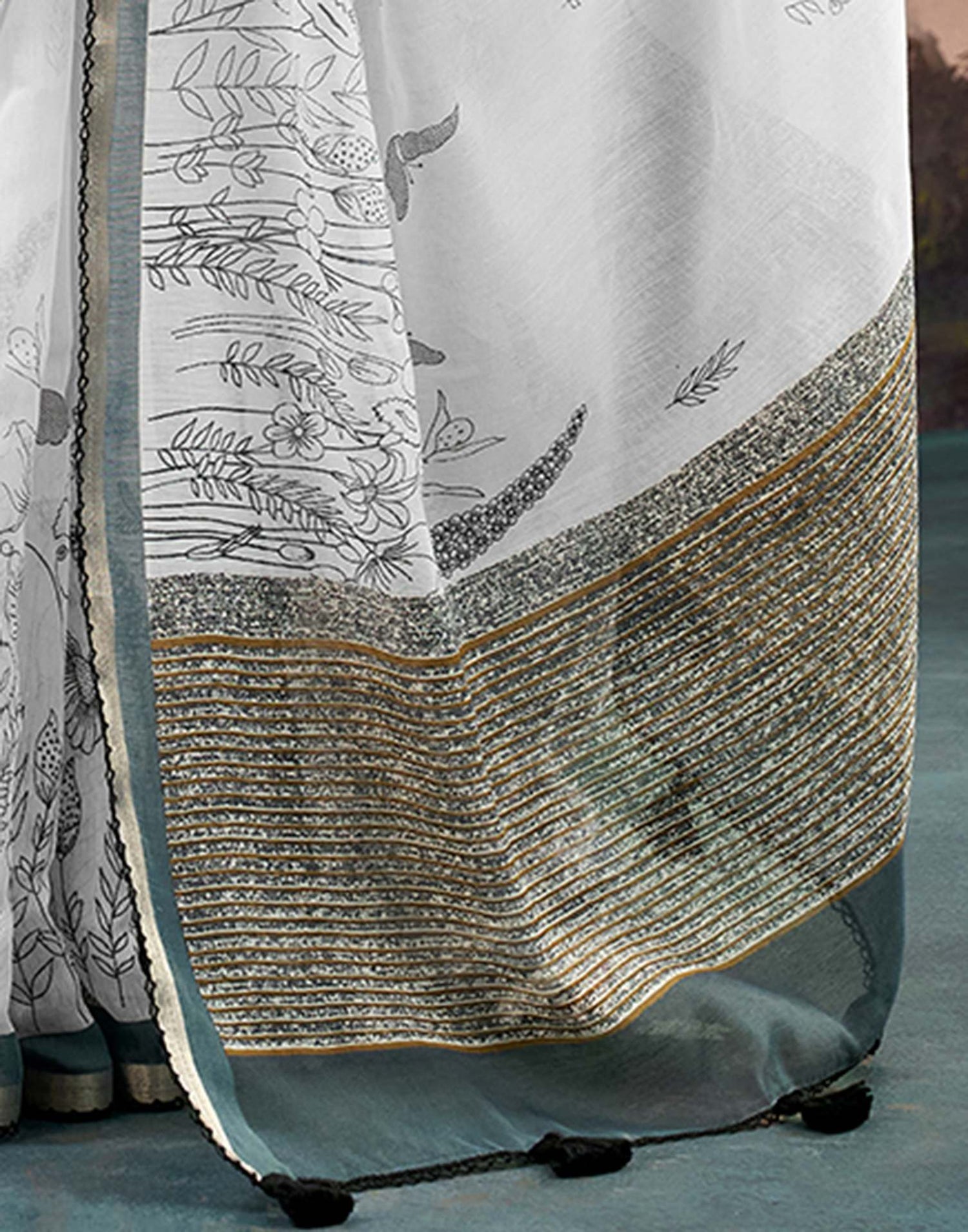 Off White Chanderi Printed Saree