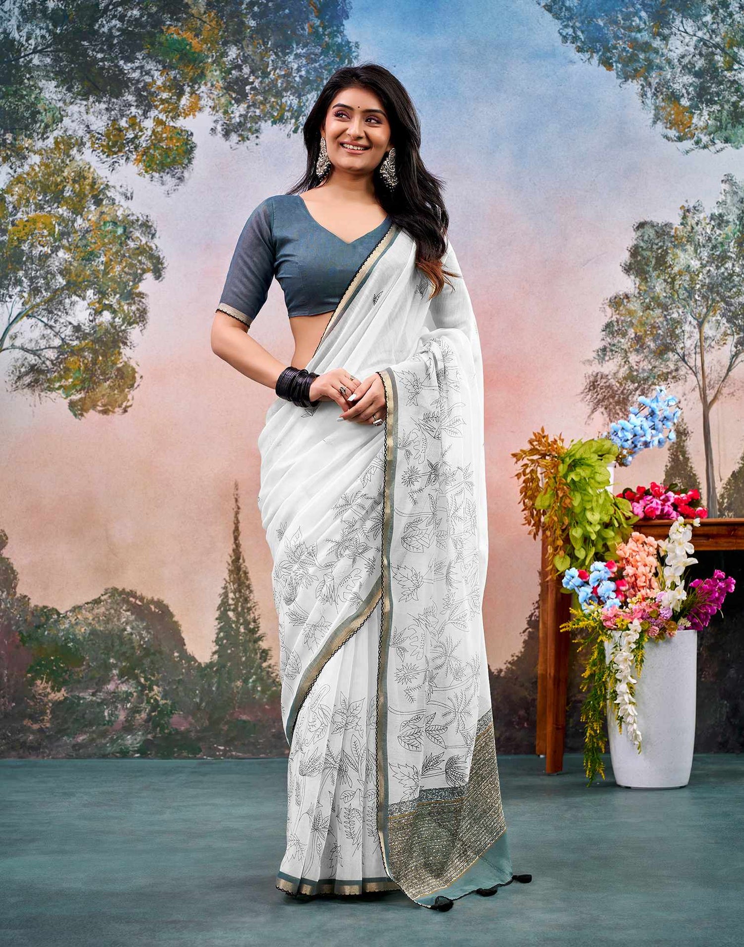 Off White Chanderi Printed Saree