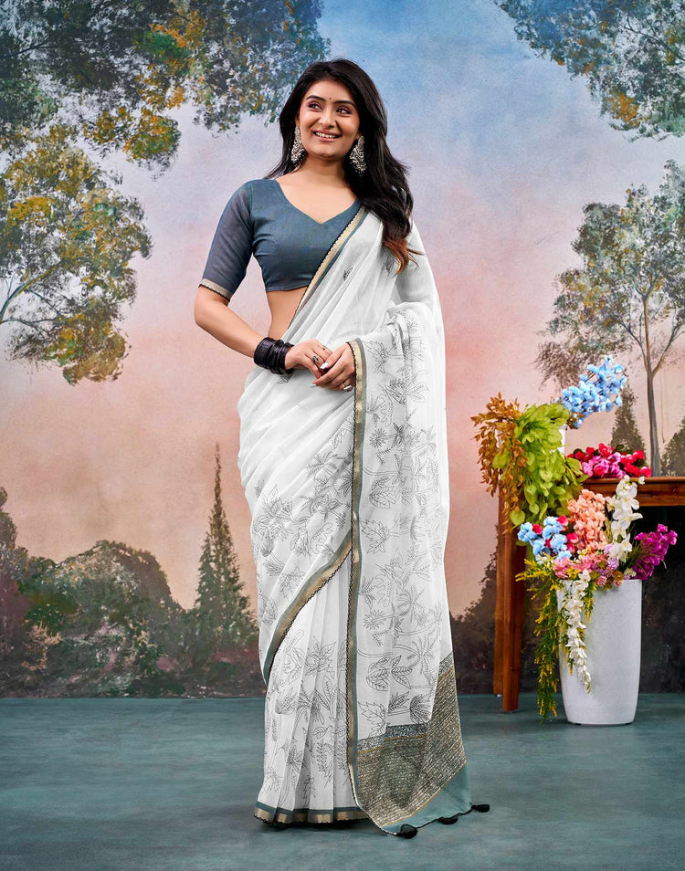 Off White Chanderi Printed Saree
