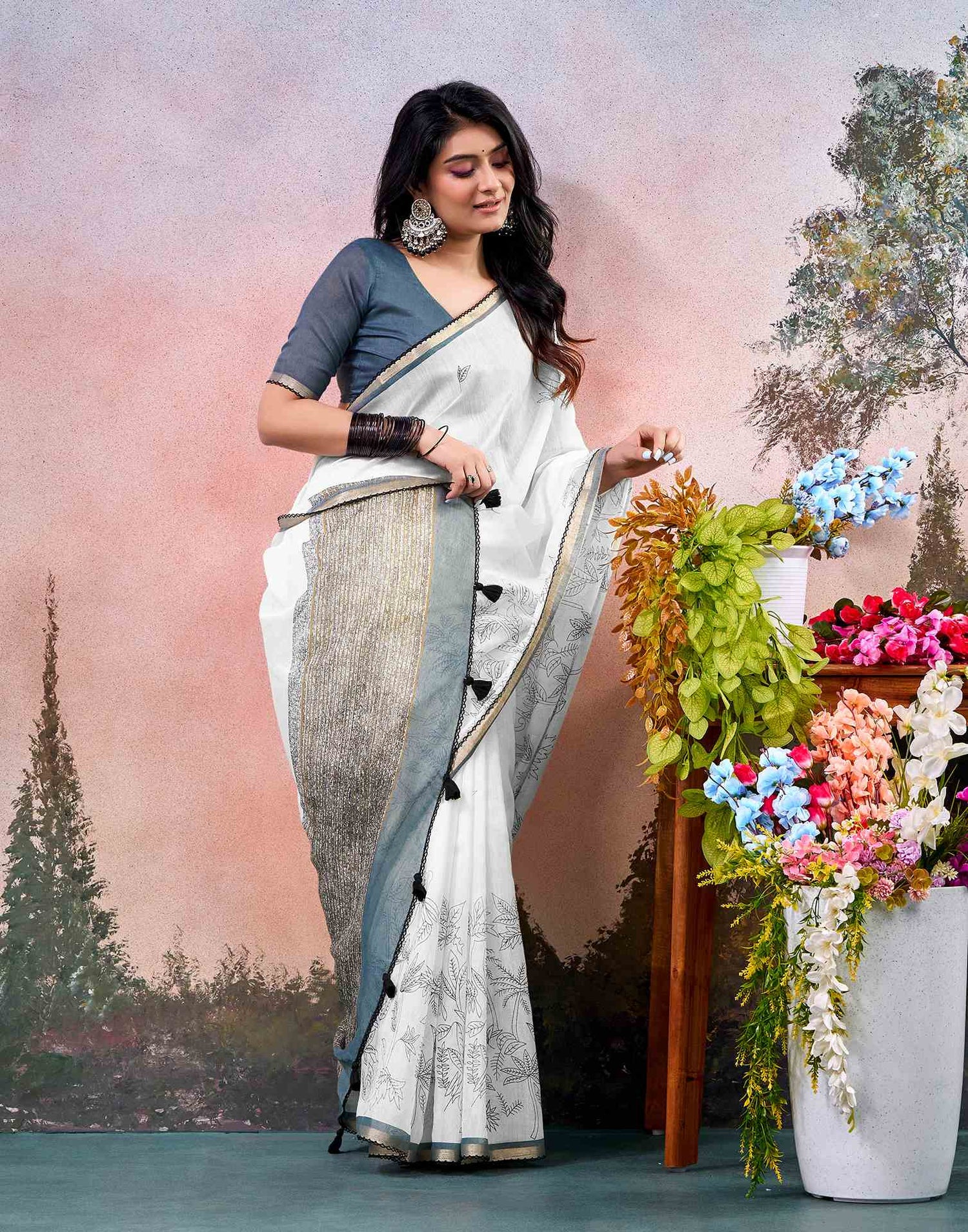 Off White Chanderi Printed Saree