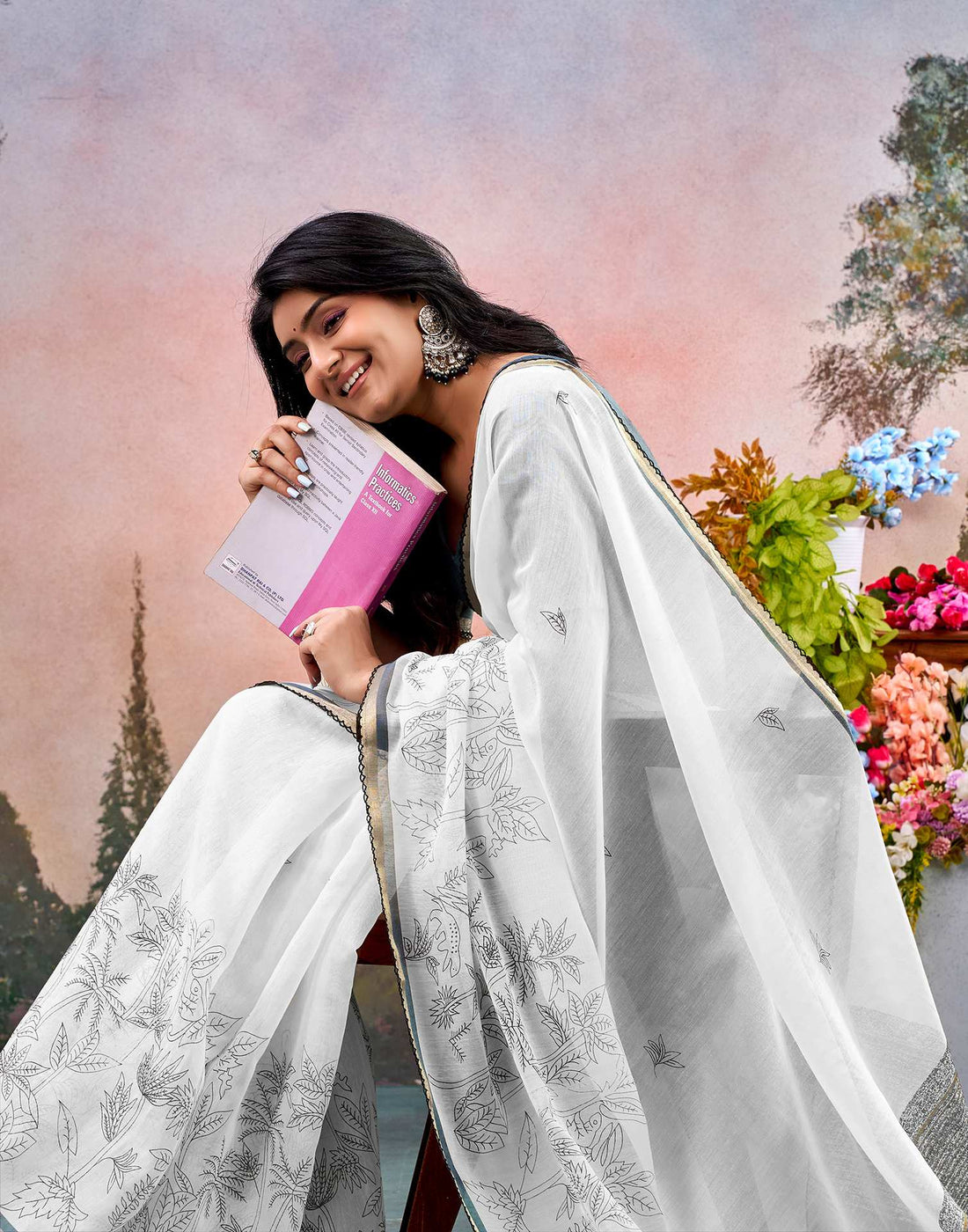 Off White Chanderi Printed Saree